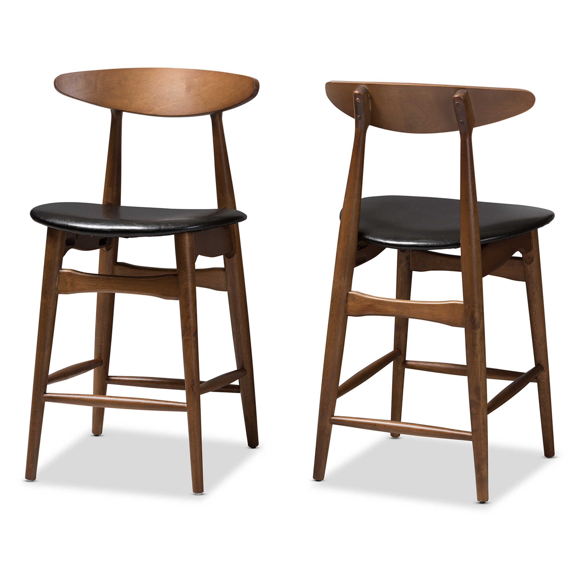 Baxton Studio Flora Mid-Century Modern Black Faux Leather Upholstered Walnut Finished Counter Stool (Set of 2)